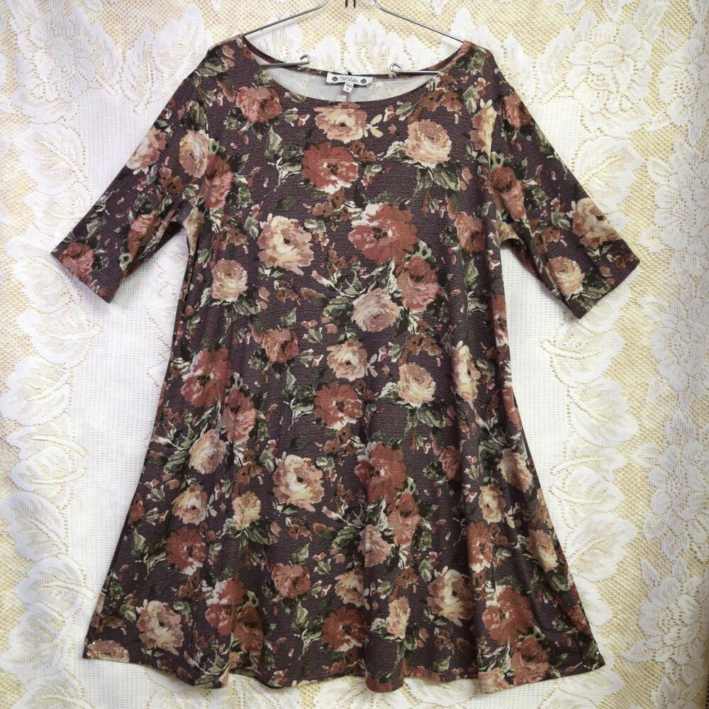 Wilde Womens Size XL Floral Print Short Mini Dress Mauve Purple Pink Stretchy